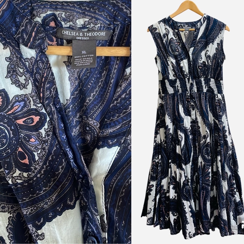 Chelsea & Theodore blue paisley print 100% Cotton dress size XL